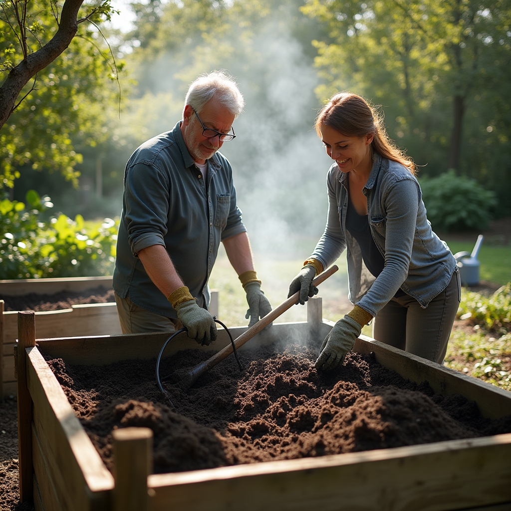Vecinos volteando compost en un contenedor compartido de compostaje de barrio