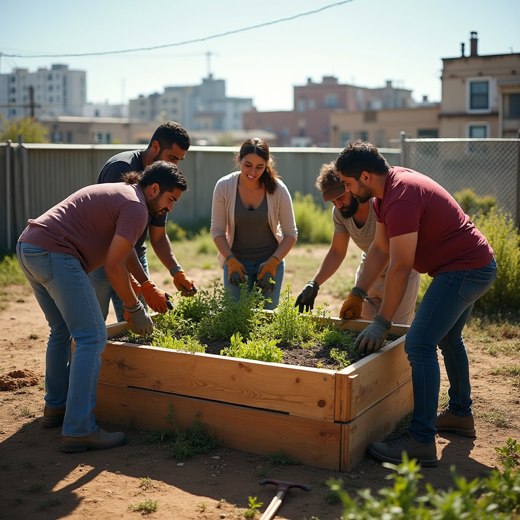 Grupo de vecinos construyendo bancales de cultivo en un solar urbano cedido por el ayuntamiento